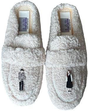 London Atelier Byproduct Neutrals Shearling Mules With Embroidery Patches - Blue
