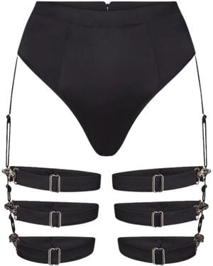 Lunatic Femme Supper Club High-Waisted Silk Thong Harness W/ Detachable Garters - Black