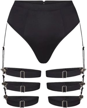 Lunatic Femme Supper Club High-Waisted Silk Thong Harness W/ Detachable Garters - Black