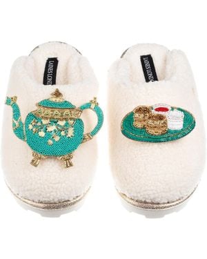 Laines London Neutrals Laines X Juliet Teddy Closed Toe Slippers With Tea & Scones Brooches - Blue