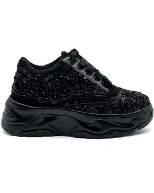 Rettrose Ava Luxury Noir Suede Handmade Embellished Sneakers - Black
