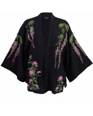 Artemis Muse Wisteria & Chrysanthemum Embroidered & Lined Short Kimono - Black