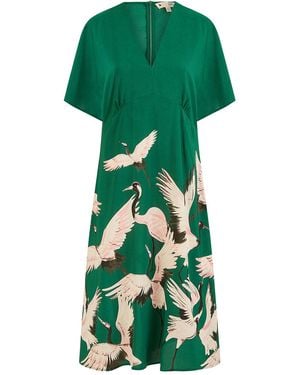 Yumi' Recycled Fabric Crane Print Kimono Midi Dress - Green