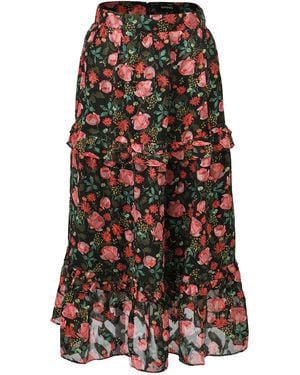 Smart and Joy Flower Print Tiered Ruffles Midi Skirt - Black