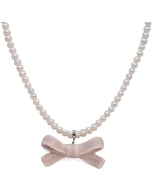 H2 Studio Bowtie Maniac Medium Ceramic Ribbon Bowtie Round Baroque Freshwater Pearl Necklace Rose Rock - Metallic