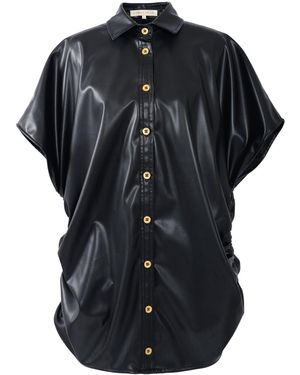 Kargede Leather Shirt – Oversized Fit, Ruched Sides - Black