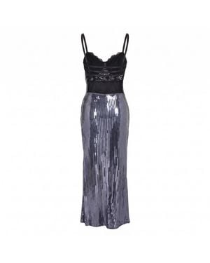 Modenaire Sequin Maxi Dress With Lace Bustier Top And Strappy Open Back Detail - Purple