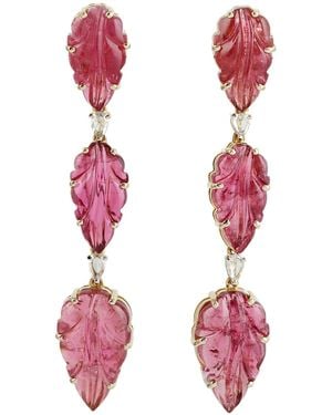 Artisan Carved Tourmaline & Diamond Leaf Drop Earrings - Pink