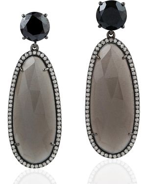 Artisan Natural Moonstone Dangle Earrings 18k Gold Diamond - Grey