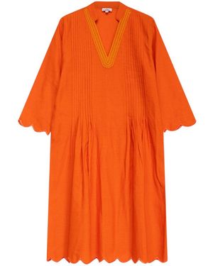 Niza Flowy Midi Dress With Embroidered Neckline And Short Sleeves - Orange