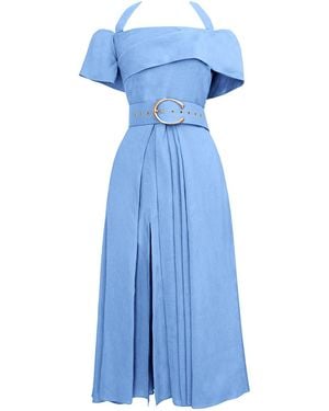 ALINA CERNĂTESCU Chimera Azure Cocktail Linen Off Shoulder Midi Dress - Blue