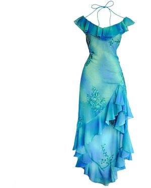 Svarini Peacock Embroidered Sundress – Aquamarine Open Back Dress - Blue