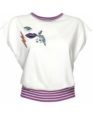 Lalipop Design Embroidered Motif Cropped Cotton T-Shirt - White