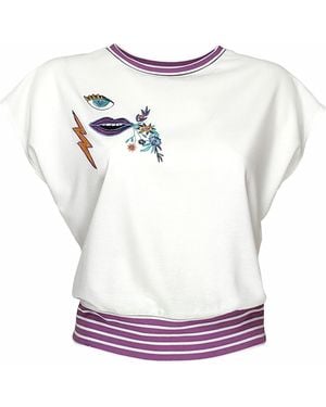 Lalipop Design Embroidered Motif Cropped Cotton T-Shirt - White