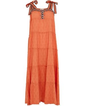 Raffya Isla Tired Coral/Henna Cotton Maxi Dress With & Embroidery & Button Detail - Orange