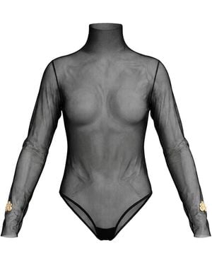 L2R THE LABEL Embellished Mesh Turtleneck Second Skin Bodysuit - Grey