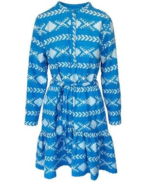 Haris Cotton High-Low Belted Embroidered Cotton Dress - Blue