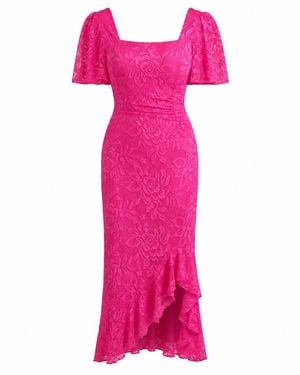 Girl In Mind Heidi Lace Ruched Midi Dress - Pink