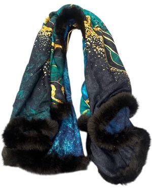 Suki Wang London Marble Print Double Sided Wool With Scarf Faux Fur - Blue