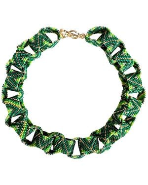 Iliana Arrazola Bold Chunky Link Necklace, Glass Beads, Beaded Jewellery - Green