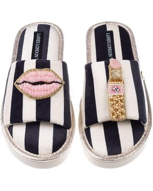 Laines London Flatform Stripe Open Toe Slippers With Lips & Lipstick Brooches - Black