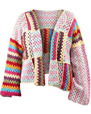 Ana Chic Striped Patchwork Handmade Crochet Cardigan - Red