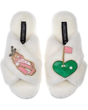 Laines London Classic Laines Slippers With Golf Lover Brooches - White