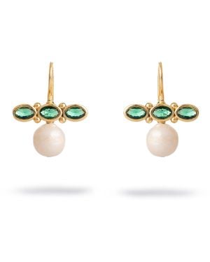 Ebru Jewelry Royal Emerald Pearl Drop Earrings - Metallic