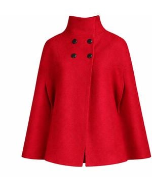 Nikka Place Wool Poncho Cloak Coat With Buttons & High Neck - Red