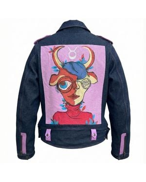 Zasta Studio Zodiac Gemini Denim Embroidered Biker Jacket - Blue