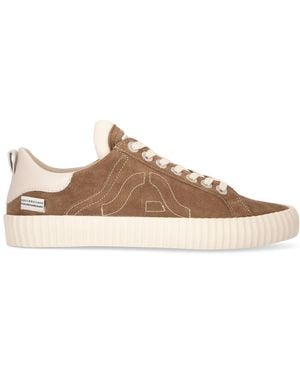 Springa | Unique Vulcanized Sneakers Italian Handmade Wavy Suede Taupe Stitching Logo Trainers - Brown