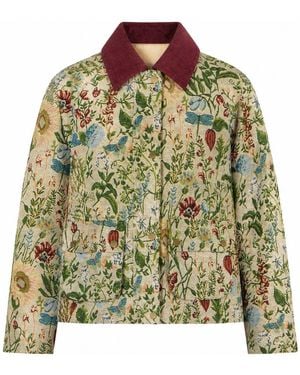 Yumi' Ivory Botanical Woven Bomber Jacket - Green