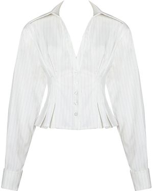 Miss Circle New York Sylvia Pinstripe Deep V Pleated Shirt - White