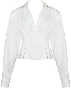 Miss Circle New York Sylvia Pinstripe Deep V Pleated Shirt - White
