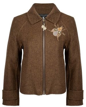 House of Laines London Neutrals Laines Couture Cashmere Blend Herringbone Jacket With Embellished Beetle Brooch - Brown