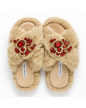 Yomisma Neutrals Eco Faux Fur Slippers – & Clear Rhinestone Brooch - Multicolour