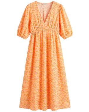 LAtelier London Leopard Print Summer Midi Dress With Long Sleeves - Orange