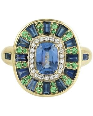 Artisan Sapphire, Tsavorite & Diamond Halo Statement Ring - Blue