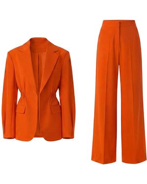 BLUZAT Neon Suit With Waist Accentuated Blazer And Wide-Leg Pants - Orange