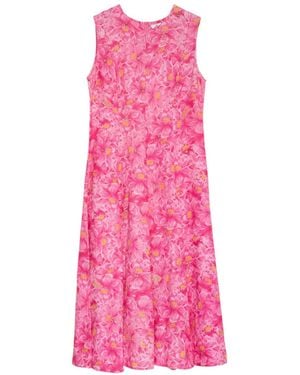 Niza Sleeveless Midi Dress With Ruched Bodice And Printed Skirt - Pink