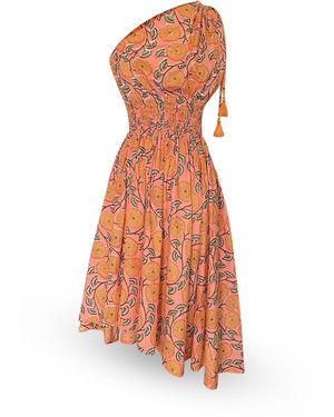Pick Happy One Shoulder Asymmetry Goddess Cotton Dress With Silk Tassels Peach Floral Print - Orange