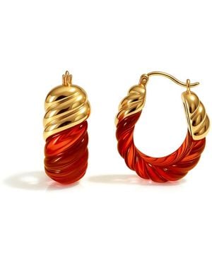 Gold & Honey Ruby Rope Shrimp Lucite Birthstone Hoop Earrings - Red