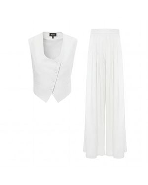 BLUZAT Linen Set With Fitted Vest And Wide-Leg Pants - White