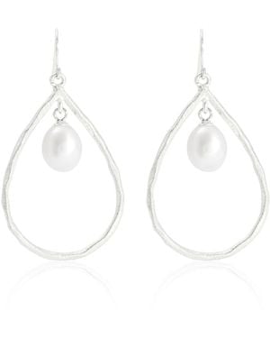 Pearls of the Orient Online Credo Brushed Sterling & Pearls Drop Earrings - White