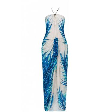 Women & Women Chiffon Cover-Up Dress With Palm Pattern And Chain Detail - Blue