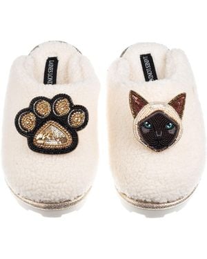Laines London Neutrals Teddy Closed Toe Slippers With Paw & Siamese Cat Brooches - Metallic