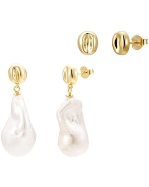 Nazzar Pebble Stud & Baroque Pearl Drop Earring Set - Metallic