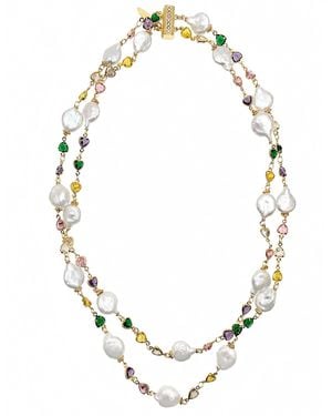 Farra Colourful Zircon Chain With Baroque Pearl Double Layers Necklace - Metallic