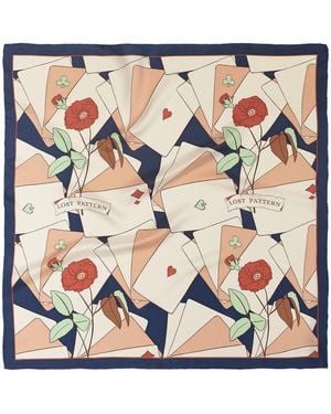 Lost Pattern Camellia Silk Bandana Scarf - Blue