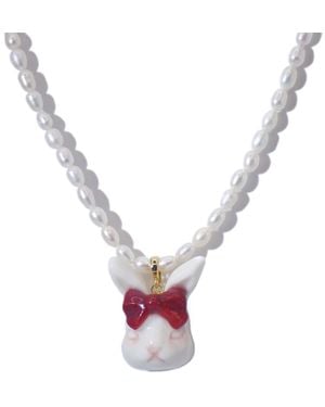H2 Studio Grumpy Bunny Ruby Bow Tie Freshwater Pearl Necklace - White